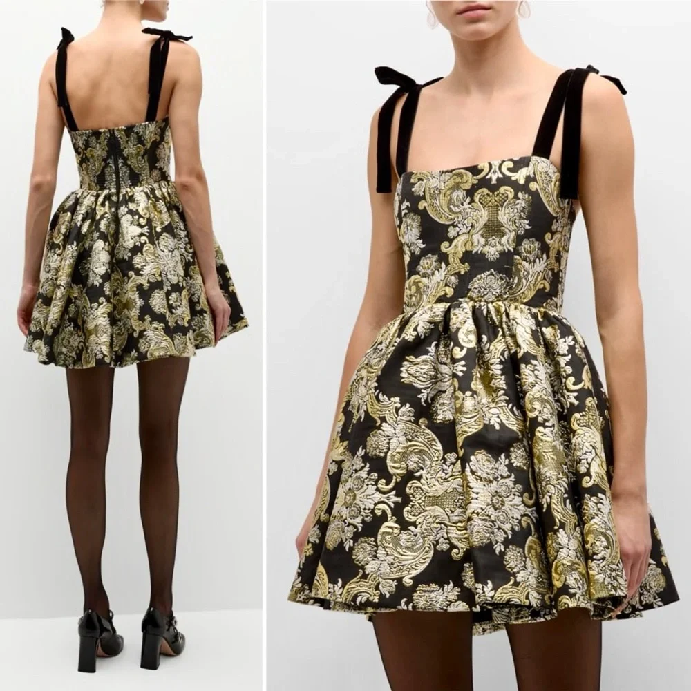 Alice + Olivia Fay Jacquard Corset Metallic Mini Dress Black Gold Silver 4 Small - Picture 14 of 14